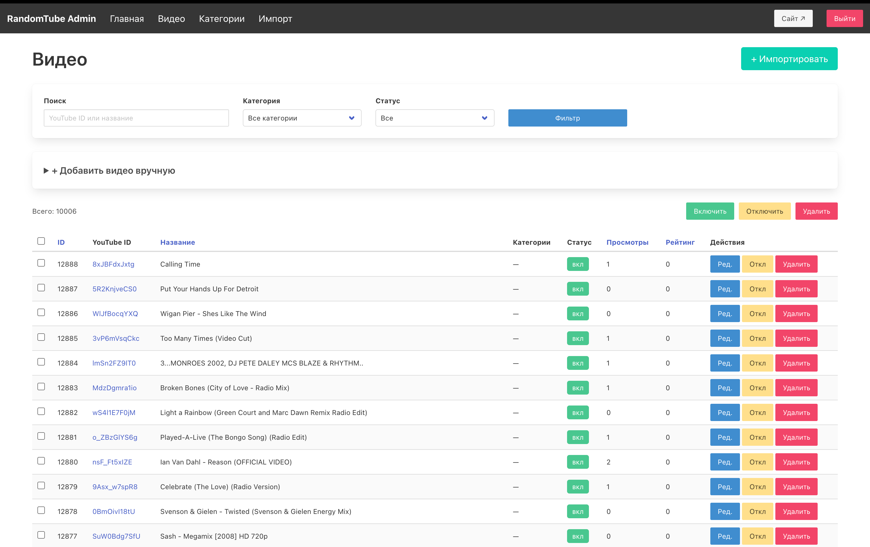 RandomTube admin panel